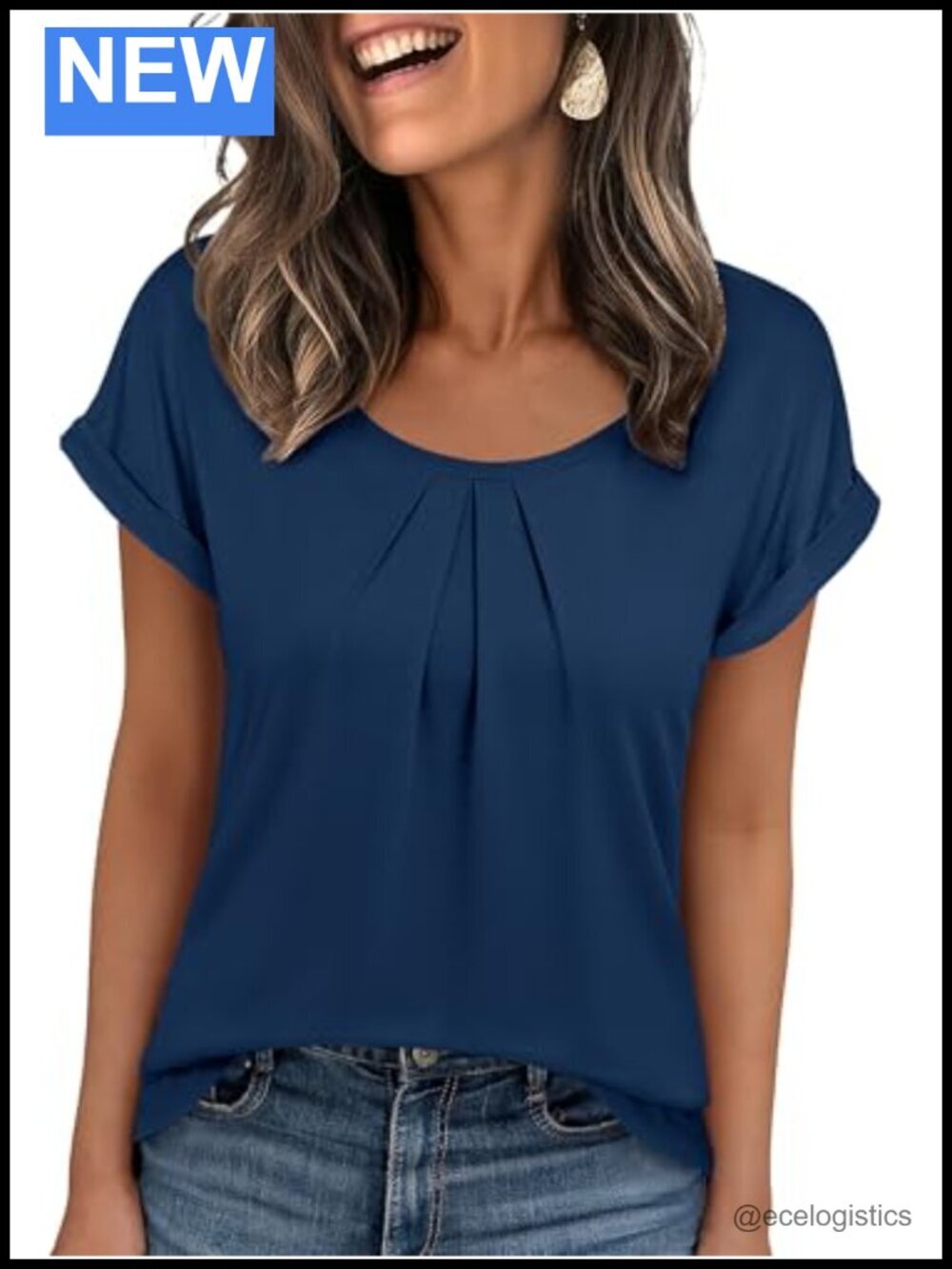 Short Sleeve Scoop Neck Pleated T-Shirt Blouse